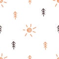 Boho seamless pattern with sun and trees on white background in doodle style