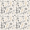 Boho seamless pattern with western desert cartoon ornamental wallpaper. Cowboy boot, bull animal skull, chili pepper Royalty Free Stock Photo