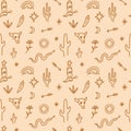 Boho seamless pattern with western desert cartoon ornamental wallpaper. Cowboy boot, bull animal skull, chili pepper Royalty Free Stock Photo