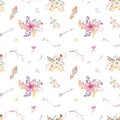 Watercolor boho seamless pattern with teepee, arrows and feathers. Royalty Free Stock Photo