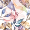Boho seamless watercolor pattern of feathers and wild flowers, leaves, branches flowers, illustration, love and feathers
