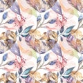 Boho seamless watercolor pattern of feathers and wild flowers, leaves, branches flowers, illustration, love and feathers