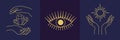 Set of vector mystical icons in boho style hands, eyes, sun, crystals Royalty Free Stock Photo