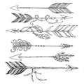 boho set of ethnic arrows with beads and feathers vector hand drawn illustration Royalty Free Stock Photo