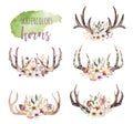 Set of watercolor floral boho antler print. western bohemian decoration. Hand drawn vintage deer horns with flowers