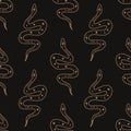 Boho snakes vector line art whimsical mystical space golden serpent seamless pattern, minimalist beautiful outline