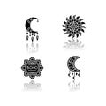Boho style accessories drop shadow black glyph icons set. Esoteric amulets. Crescent moon shape amulets. Dreamcatcher