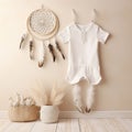 Boho style baby clothes mockup, gender neutral white baby clothes on neutral background