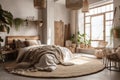 Boho style bedroom, Bed with pillows, wooden furniture, plants in pots, an armchair and curtains on large windows in a Royalty Free Stock Photo