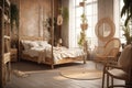 Boho style bedroom, Bed with pillows, wooden furniture, plants in pots, an armchair and curtains on large windows in a Royalty Free Stock Photo