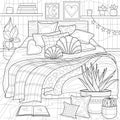 Boho style bedroom. Interior.Coloring book antistress for children and adults.