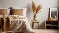 Boho style bedroom interior design with wooden bed, beige fringed duvet, mockup idea, AI generated Royalty Free Stock Photo