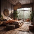 Boho style bedroom interior with large window with beautiful view