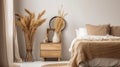 Boho style bedroom interior mockup with wooden bed, beige fringed duvet, design idea, AI generated Royalty Free Stock Photo