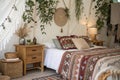 Boho style bedroom with night table and decorations Royalty Free Stock Photo