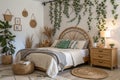 Boho style bedroom with night table and decorations Royalty Free Stock Photo