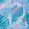 Boho style blue textile pattern with waves and curles. Colorful oriental zentangle style seamless background.