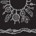 Boho style dreamcatcher design for collar t-shirts. Seamless border from beads.