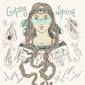 Boho Style Fashion Girl. Gipsy Spirit. Hand Sckeched Vector Illustration Royalty Free Stock Photo