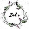 Boho style frames with ethnic hand drawn elements like feathers, flowers and arrows. Royalty Free Stock Photo