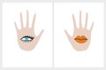 Boho Style Hand Drawn Vector Illustrations. Simple Beige Palm Hand with Eye and Lips.