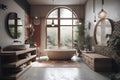 Boho style interior of bathroom with big window in a house
