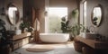 Boho style interior of bathroom with large window in a house