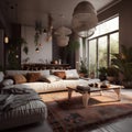 Boho style interior of living room with cozy coaches and large window