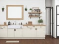 Boho-style kitchen interior background with frame mockup. Royalty Free Stock Photo