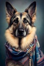 Boho style portrait of german shepherd dog, 1960s style fashion, generative ai