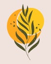 Boho style poster, leaf branch, sun, moon on a light background. Vintage art, print, illustration