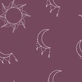 boho style sun and moon pattern on urple background