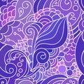 Boho style violet textile pattern with waves and curles. Colorful oriental zentangle style seamless background.