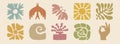 boho summer beach doodle retro drawing icon set. Hand drawn groovy geometric sun, bird, flower, leaf. abstract square