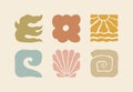Boho Summer Beach Illustration Set. Groovy Geometric Sun, Seashells, Bird, Wave and Flower. Vector Tropical Icons