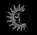 Boho symbol of the moon with rays, white hand drawing on a black background. Esoteric magic symbol, witch tattoo, mystic Royalty Free Stock Photo