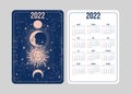 Boho Tarot calendar for 2022 in astrological style with moon, sun and planets. Week starts on Sunday. Vertical two-sided