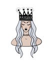 Boho tattoo with blue hair queen and crown. Portrait of a cute princess, hand drawing. Flat vector illustration for