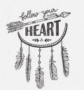 Boho template with inspirational quote lettering - Follow your heart. Vector ethnic print design with dreamcatcher. Royalty Free Stock Photo