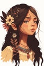 Boho indian tribal girl portrait with feathers in hair and wearing traditional poncho