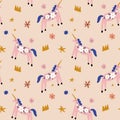 Boho unicorn Birthday Anniversary concept. Folk art horse slovak seamless pattern, wrapping paper ornament, swedish style drawing