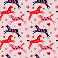 Boho unicorn Birthday Anniversary concept. Folk art horse slovak seamless pattern, wrapping paper ornament, swedish style drawing