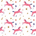 Boho unicorn concept. Folk art horse slovak seamless pattern, wrapping paper ornament, swedish style drawing, pastel coloured