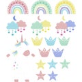 Boho unicorn with rainbow, clouds, stars, crown