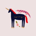 Boho unicorn spring concept. Folk art horse slovak ornament, swedish style drawing, pastel coloured nordic floral composition,