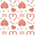 Boho Valentines day pattern. Pink cute bohemian butterfly, snake, heart, rainbow design. Pink Valentines day print