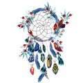 Boho vector fashion illustration with dreamcatcher, colorful feathers, leaves and berries