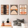 Boho Wall Prints, Boho Wall Decor, Mid-Century Nordic Wall Prints, Black, Beige, Orange, Terracotta. Boho Style in the Interior.