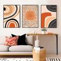 Boho Wall Prints, Boho Wall Decor, Mid-Century Nordic Wall Prints, Black, Beige, Orange, Terracotta. Boho Style in the Interior.