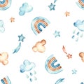 Boho watercolor seamless pattern with weather, rainbow, clouds, stars, rain on a white background